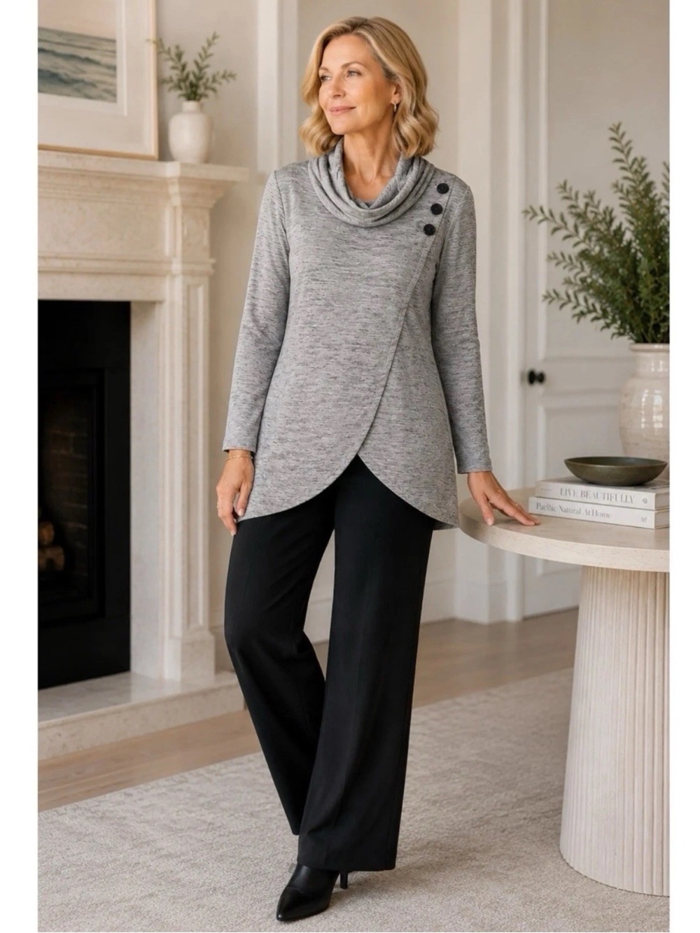 Joseph Ribkoff | Cowl Neck Wrap Top Womens Size 16 Gray Tulip Hem Stretch